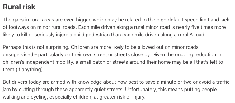 When we get outside of cities and into rural areas the numbers get even more grim. Each mile driven on a residential road is five times more like to injure a child than if they’d driven on the main road.
