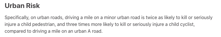 This means that a driver taking a mile on an urban residential street is twice as likely to kill or seriously injure a child walking, and three times more likely to kill or seriously injure a child on a bike, than if they stuck to the main road.