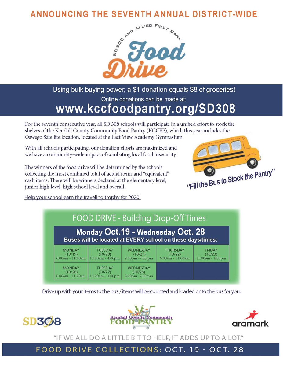 sd308's tweet photo. The Seventh Annual District-Wide #FoodDrive begins on today and will run through Wednesday, October 28th.  All SD 308 schools participate in a unified effort to stock the shelves of the Kendall County Community Food Pantry (KCCFP). https://t.co/kiEG8X7lJB. https://t.co/deAgUnpRzo