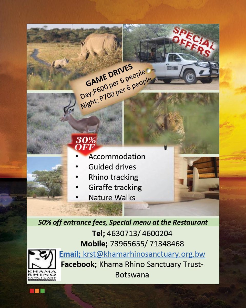 BotswanaTourism's tweet photo. Do you want to #RediscoverBotswana?⁣
⁣
Beautiful #Botswana awaits you to explore her destinations. Book your experiences with these local travel agencies including Khama Rhino Sanctuary Trust, Saguni Safari Lodge, Vintage Travel &amp; Tours, @inn_voyager... https://t.co/akbPwxDGsE