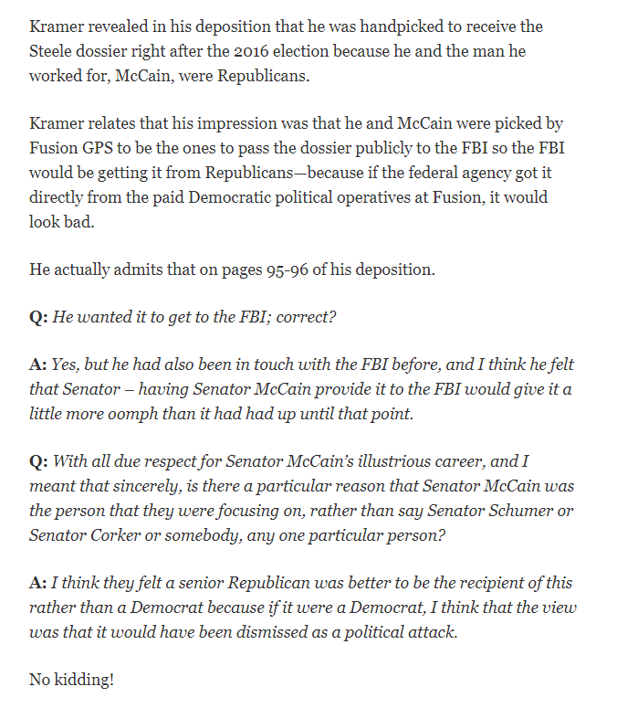 Kramer **openly admitted** the strategy was to find a way to get the Dossier into the FBI hands via Republicans because it would not look partisan.