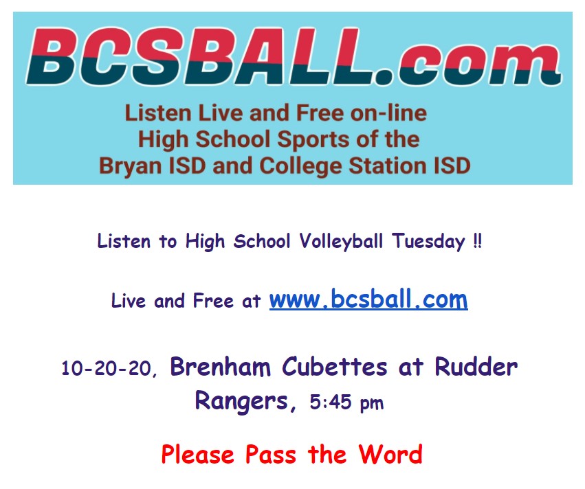 bcsball.com (@bcs_ball) on Twitter photo <a href="/brenham_vball/">Brenham Volleyball</a> Listen to Brenham vs Rudder Volleyball Live and Free Tuesday at 5:45 pm on bcsball.com Please Retweet. <a href="/BrenhamCubAth/">Brenham HS Athletics</a> <a href="/BrenhamHS/">Brenham High School</a> <a href="/BrenBoosterClub/">Brenham Booster Club</a> <a href="/brenham_vball/">Brenham Volleyball</a> Listen to Brenham vs Rudder Volleyball Live and Free Tuesday at 5:45 pm on bcsball.com Please Retweet. <a href="/BrenhamCubAth/">Brenham HS Athletics</a> <a href="/BrenhamHS/">Brenham High School</a> <a href="/BrenBoosterClub/">Brenham Booster Club</a>