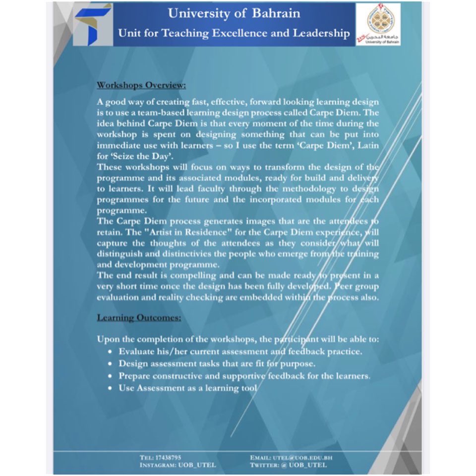 UOB_UTEL's tweet photo. UTEL invites you to attend workshops on ‘Creating our Digital Futures’: Carpe Diem-A structured methodology for student success
“Visioning the ‘Graduate of the Future’, Threshold Concepts, &amp; Programme Planning” 
by Prof. Gilly Salmon &amp; Rod Angood,  Education Alchemists Ltd., UK. https://t.co/0c0pq9yhfn