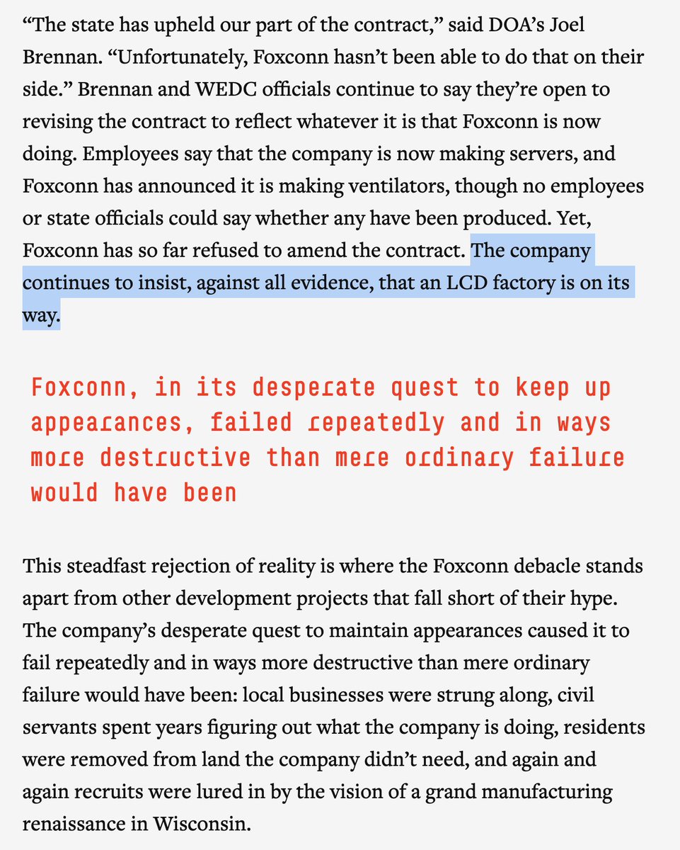 The story of Foxconn in Wisconsin is one of the strangest, funniest, saddest things we've ever covered. As  @joshdzieza writes, it would have been better if they had just failed. But failing while insisting that everything's going great has been disastrous  https://www.theverge.com/21507966/foxconn-empty-factories-wisconsin-jobs-loophole-trump
