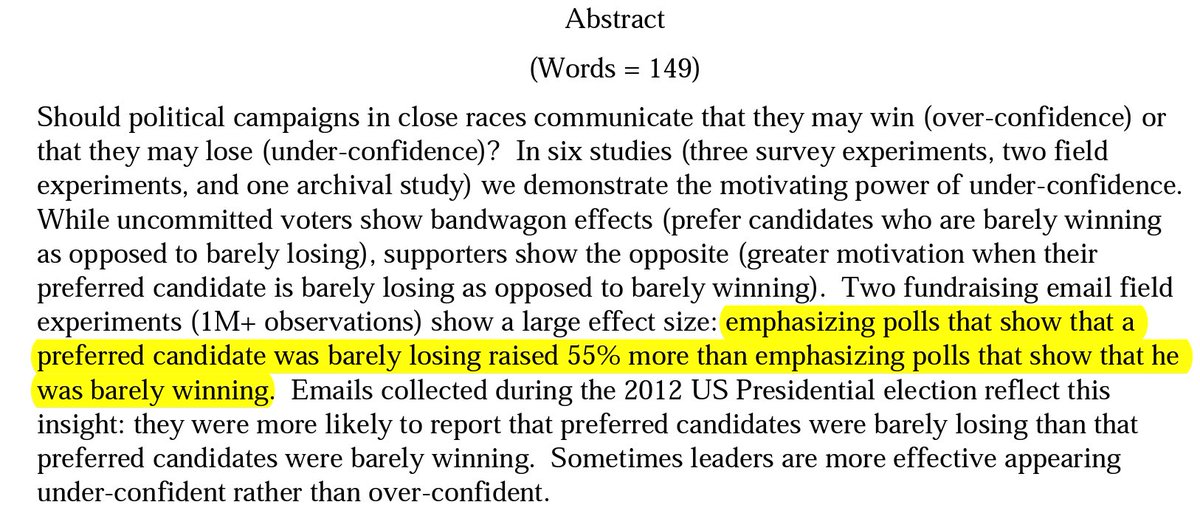 A very interesting paper finds that when a party is just behind, the underdog effect may exist. For that reason, parties may downplay their chances and present themselves as challengers. https://papers.ssrn.com/sol3/papers.cfm?abstract_id=2528690