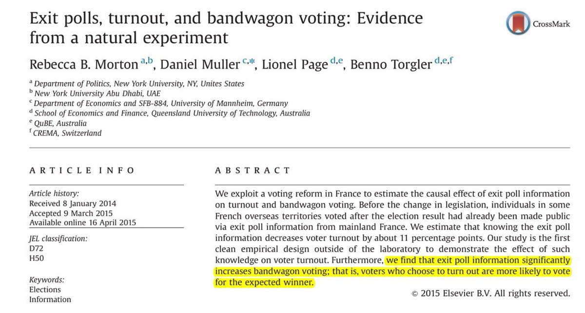 For instance, we found that there is a bandwagon effect (the supporters of the losing party are less likely to vote) in French overseas territories who vote *after* the exit polls from the mainland have been released. https://www.sciencedirect.com/science/article/abs/pii/S0014292115000483