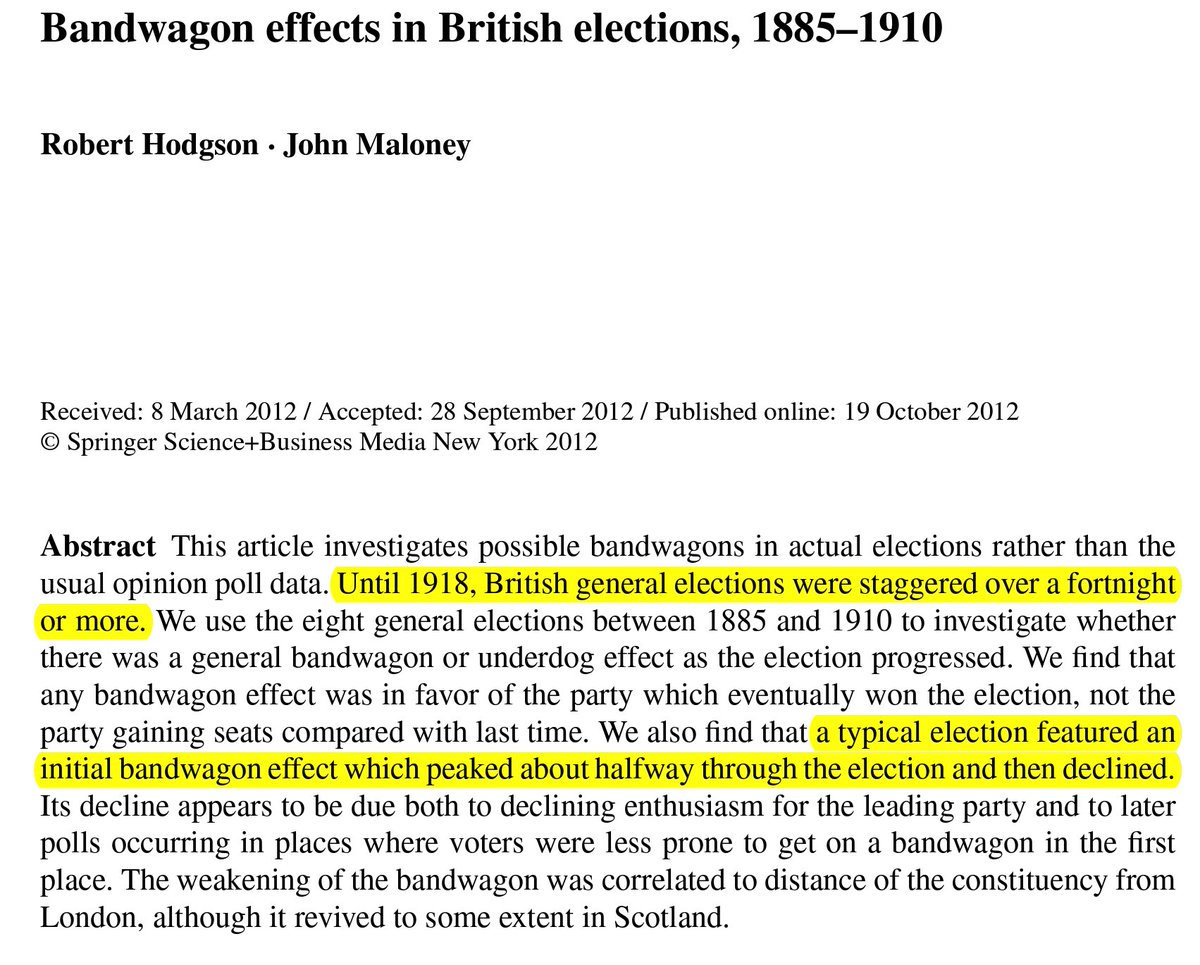 In the UK, general elections were staggered over two weeks before 1918. Research found a bandwagon effect in favour of the winning side which peaked around the 8th day of voting. https://link.springer.com/content/pdf/10.1007/s11127-012-0027-9.pdf