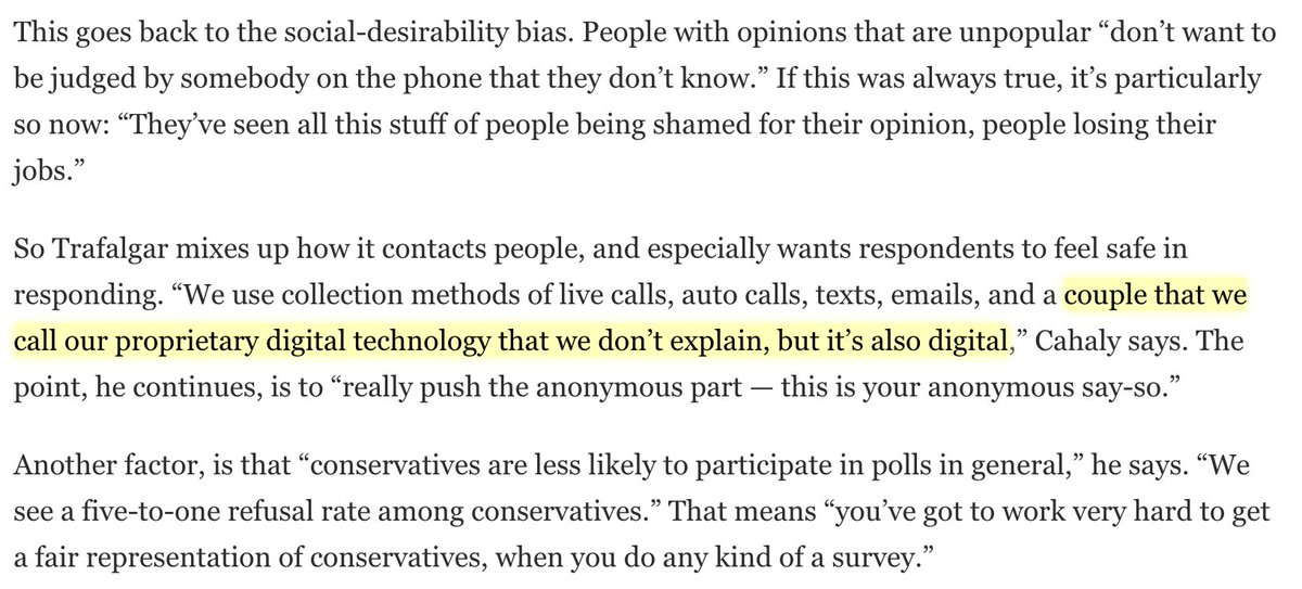 This interview with Trafalgar Group really worried me, for instance. These are not conventional polling methods and it sounds like they provide a lot of room for subjectivity or frankly confirmation bias in how one constructs a voter universe. https://www.nationalreview.com/2020/10/the-pollster-who-thinks-trump-is-ahead/
