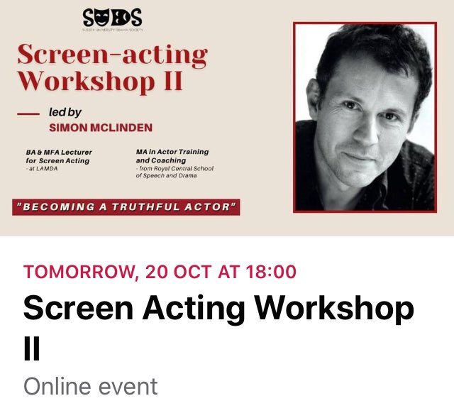 sudsofficial's tweet photo. don’t forget about our screen acting workshop tomorrow evening! grab your tickets! https://t.co/NjcIHz94CW