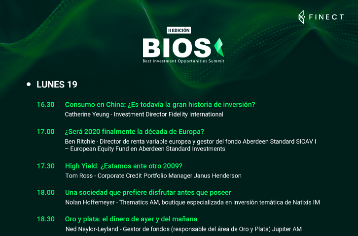 finect's tweet photo. ¡En unos minutos comienza #BIOS2020! En esta 1ª jornada hablaremos de:
🇨🇳 Consumo en China
🇪🇺 Inversión en Europa
📈 High yield
📺 Negocio de las suscripciones
🥇🥈 Oro y plata
🔴 VER EN DIRECTO 👇🏻
https://t.co/aIoC2fuZLa https://t.co/dunl7xkPEs