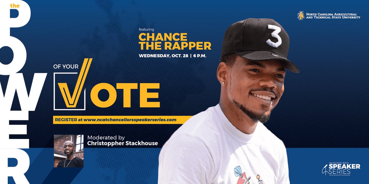 NCATalumni's tweet image. Your individual vote is one of the most powerful things you can do to make your voice heard. This will be a great conversation with #NCAT, 
@chancetherapper
 and alumnus 
@dr_stackhouse
. Register via ncatchancellorsspeakerseries.com #AggiesActivateTheVote #NCATAlumni
