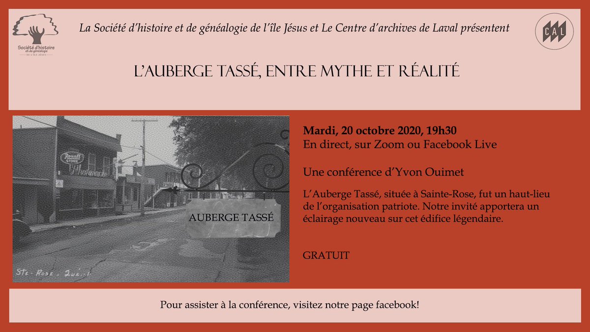 Bonjour, 
vous êtes invité à un webinaire Zoom. 
Quand : 20 oct. 2020 07:00 PM 
Sujet : Conférence Yvon Ouimet : l'Auberge Tassé, entre mythe et réalité

Veuillez cliquer sur le lien ci-dessous afin de rejoindre le webinaire : 
us02web.zoom.us/j/86877092792?… 
Code secret : 315547