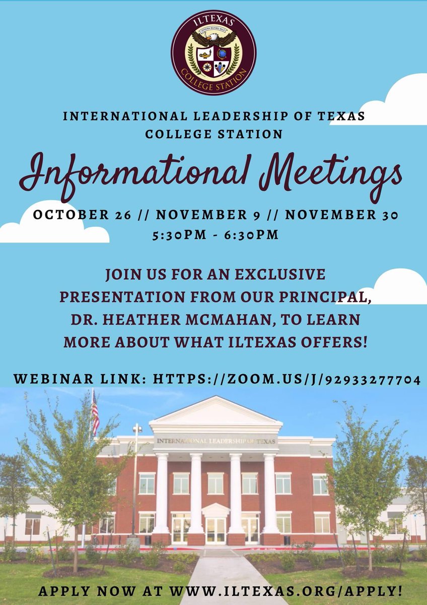 Join us on October 26th, November 9th and November 30th at 5:30 for an exclusive presentation from our principal, Dr. Heather McMahan, to learn more about what ILTexas offers! These will be held virtually through Facebook Live and Zoom!

Webinar Link: zoom.us/j/92933277704