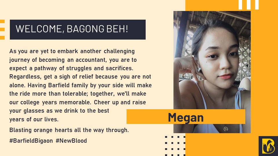 BARFIELDupdates's tweet photo. (PBB) Pang Barfield Bigaon 2020 Presents
Bagong Housemate #13 ๐งก
Ang Bigaong Breather ng Bahay,
Megan!
#BarfieldBigaon
#SCAMMERtheFox
#BarfieldNewBlood https://t.co/8tKVpPOeOM