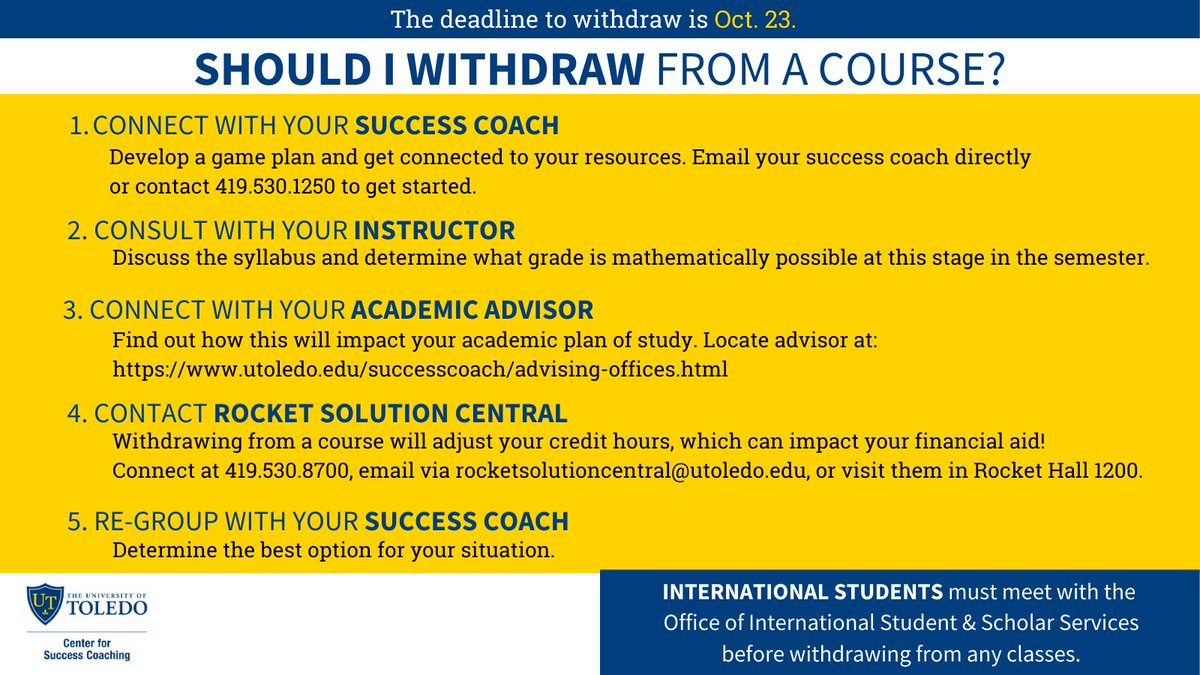 Struggling in a course? The withdraw deadline is this Friday by 5 PM. If this is an option you must consider, be sure to do your research NOW to make an informed choice. See your success coach for help starting.