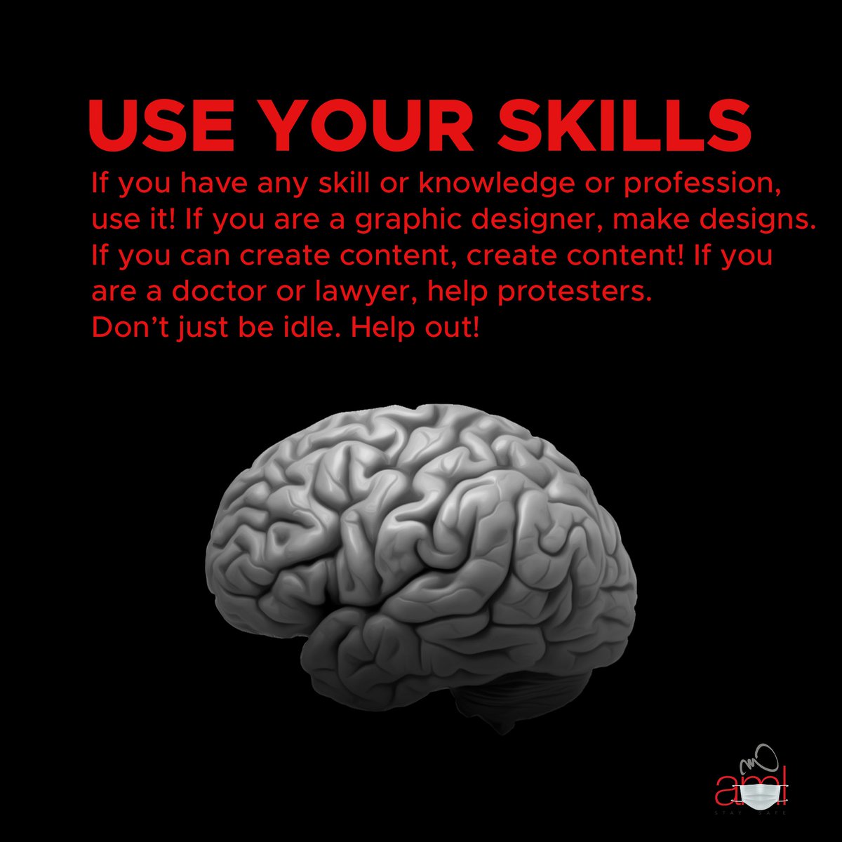 Use your skills: If you have any skill or knowledge or profession, use it! If you are a graphic designer, make designs. If you can create content, create content! If you are a doctor or lawyer, help protesters. Don’t just be idle. Help out!