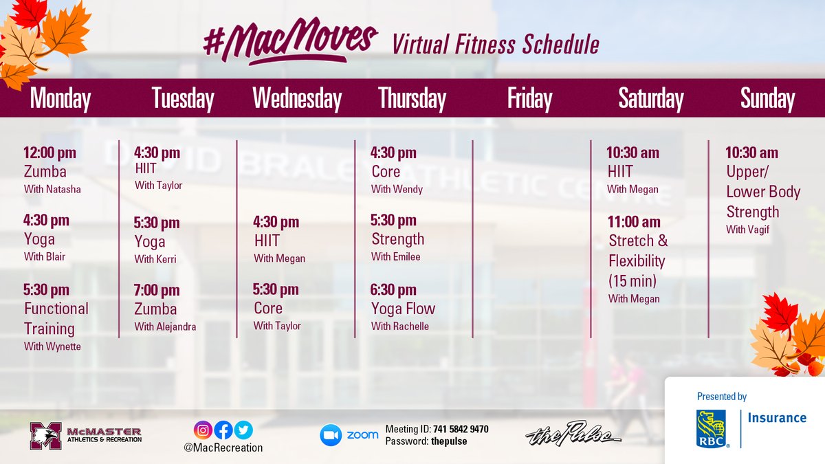 MacRecreation's tweet photo. The @McMasterPulse Fall Fitness Class schedule for October & November begins today! ๐๐ฒ๐ช๐พ
Join the #PulseFam on Zoom for quick 30 min exercise breaks guided by our very own Pulse instructors!
#FallEnergy #MacMoves #ActiveMarauders #RBCInsurance #BrainBreaks #MacRecreation https://t.co/UCvnF0bAhW