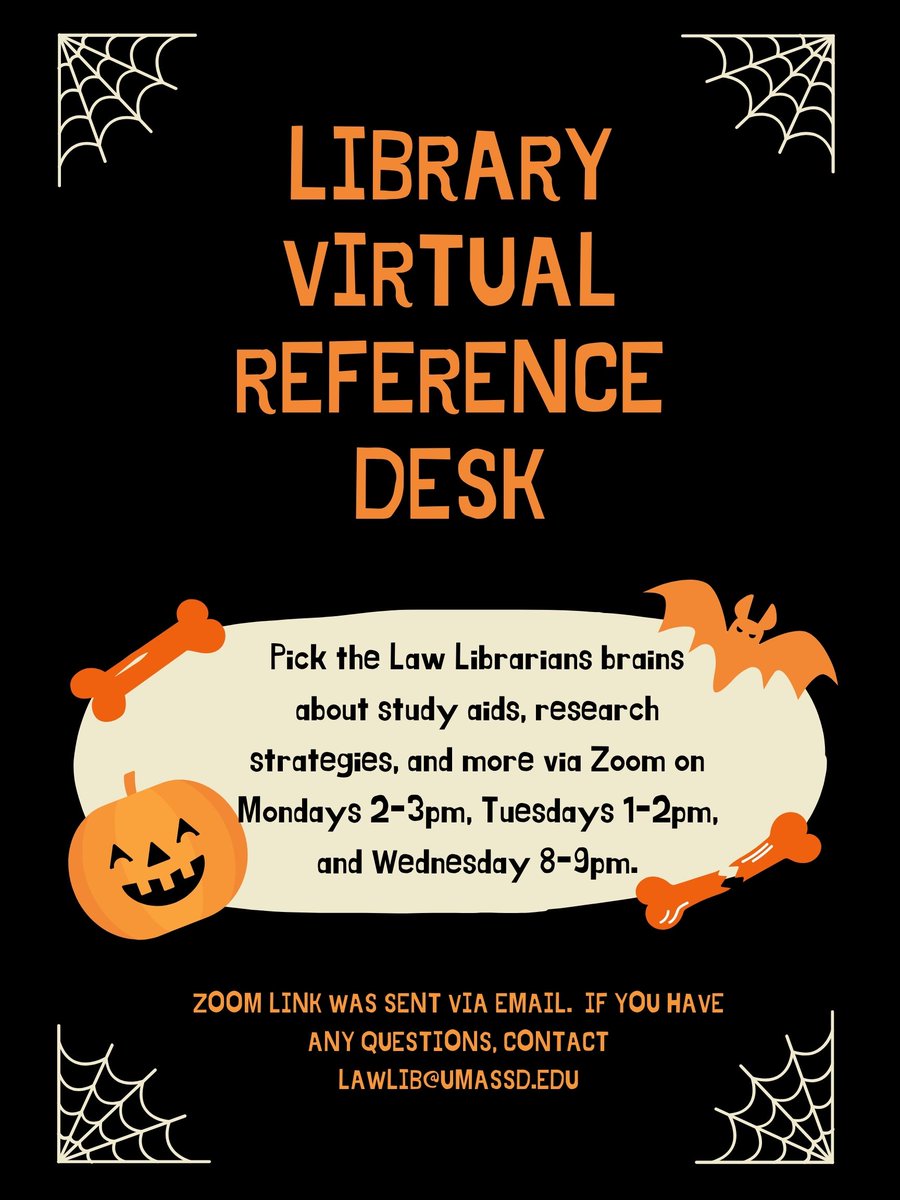 UMassLawLibrary's tweet image. Got a research question?  Stop by our #VirtualReferenceDesk and chat with a #LawLibrarian on Monday from 2-3pm, Tuesdays 1-2pm or Wednesdays 8-9pm!  #umasslaw #zoomroomreference