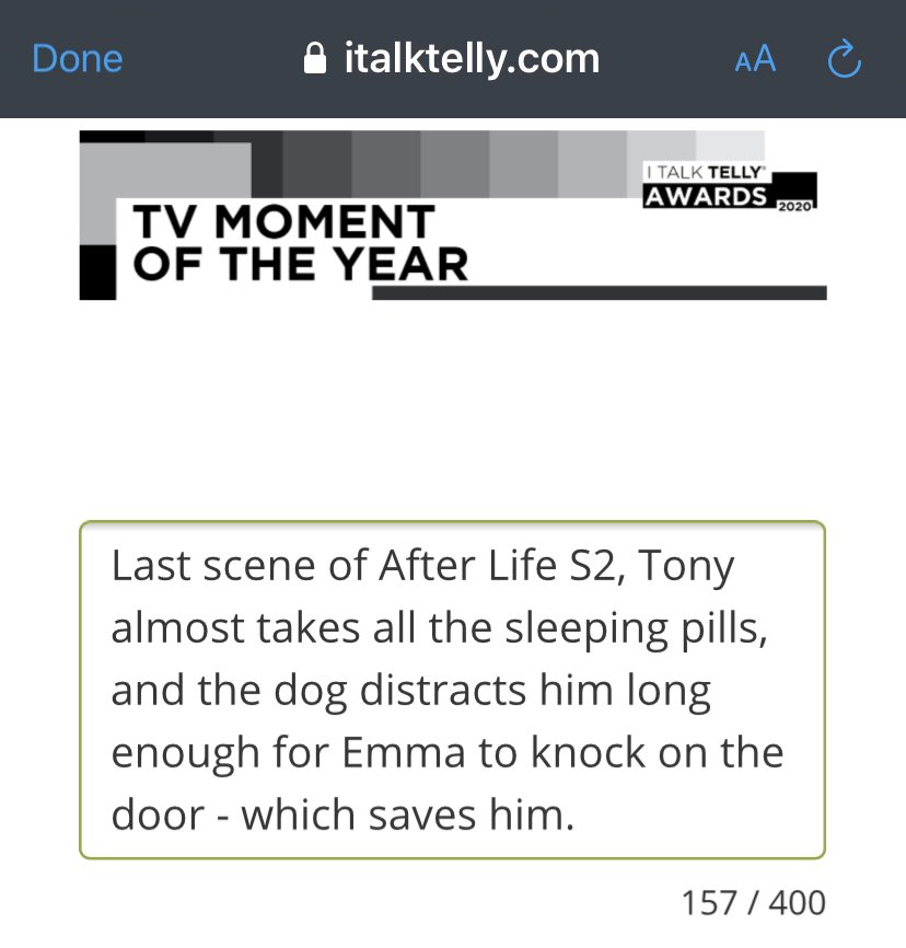 @lynzr33 @rickygervais That was an awesome moment and well worth being nominated. But for me I had to choose this from @rickygervais’ #AfterLife2 :