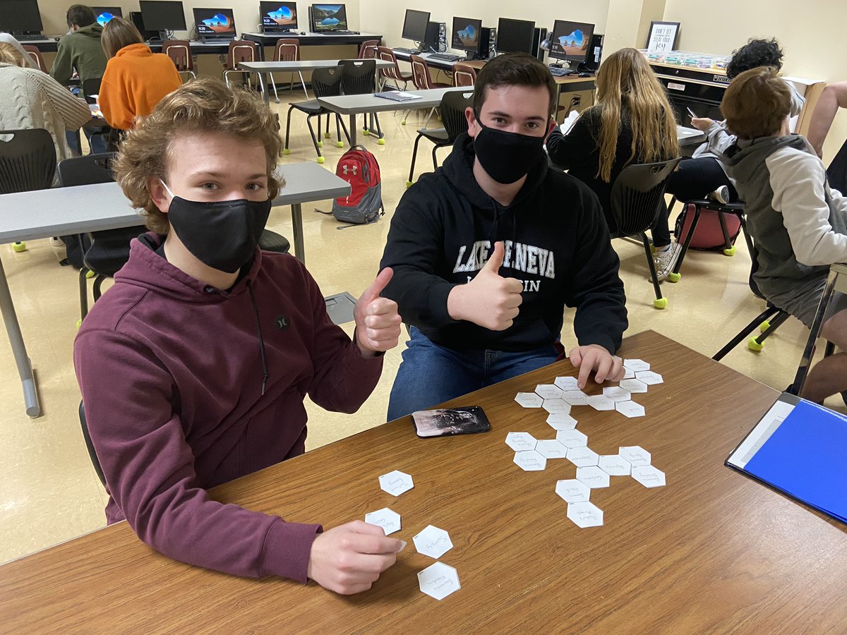 KSoris's tweet photo. Hexagonal Thinking for the win in Economics.  I always love a fresh tool for instruction and discussion.  I’m tweeting during class time because my students are so busy building connections! Thanks @cultofpedagogy ! https://t.co/t1aJSEooQu