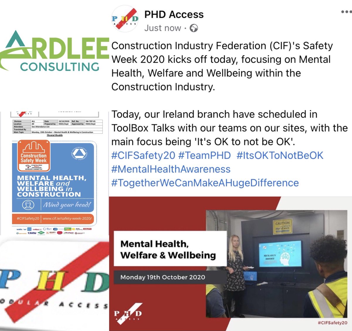 CIF Safety Week 2020 day 1 focusing on Mental Health, Welfare and Wellbeing within the Construction Industry

Today we held ToolBox Talks with the teams  on site, with the main focus being 'It's OK to not be OK'. 

#CIFSafety20 #TeamPHD  #ItsOKToNotBeOK #MentalHealthAwareness