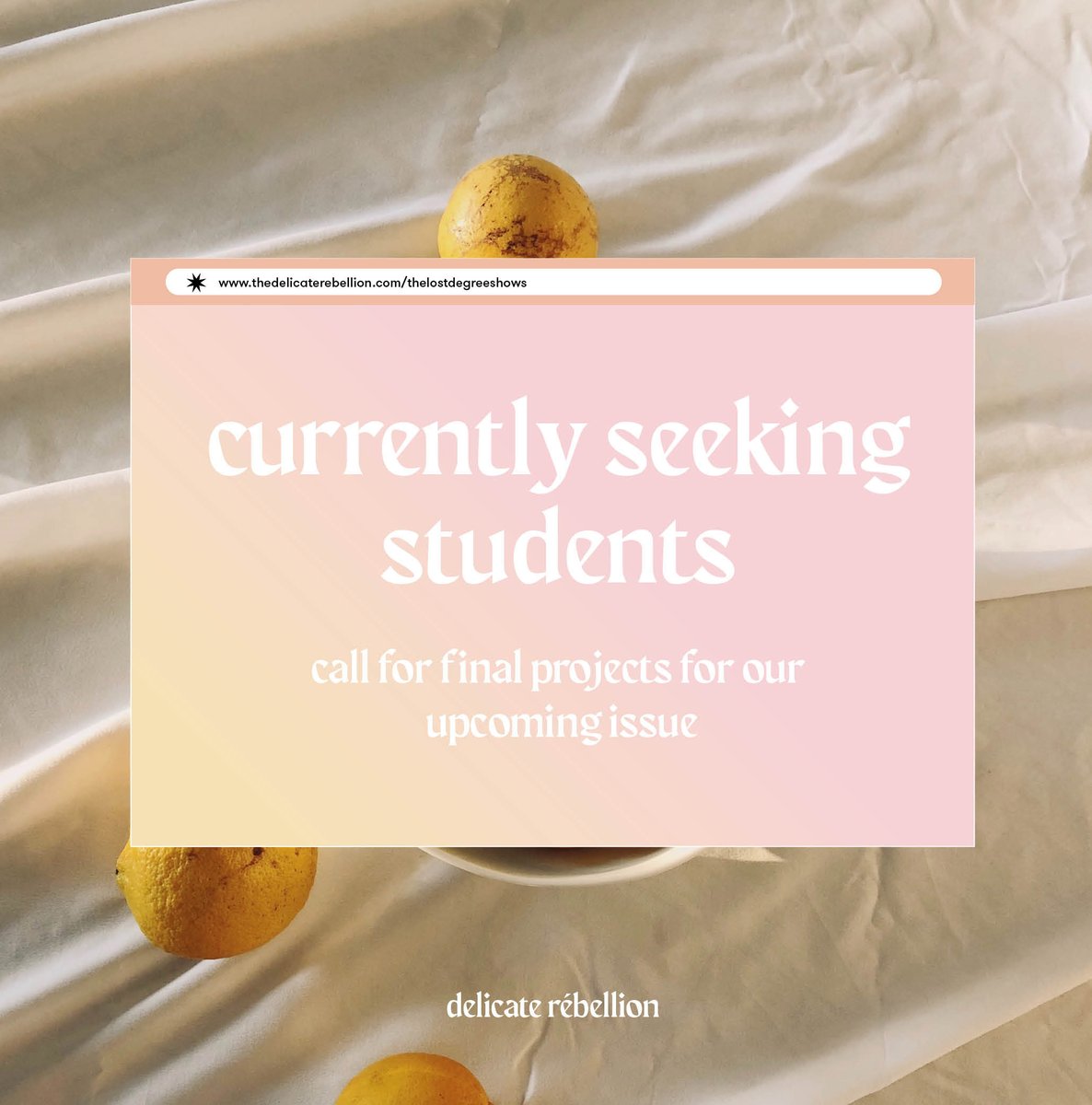 We're seeking grads who missed out on the traditional degree shows to feature in our upcoming issue. A treat in print to soothe the pain.

Deadline tomorrow, 19th (sorry!)

Short bio, details of where/what you study &amp; a few visuals > hello@thedelicaterebellion.com

#journorequest