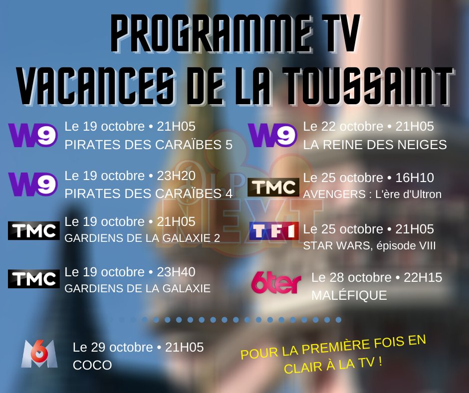 DlpNext's tweet photo. [ PROGRAMME TV DISNEY ]
Découvrez le programme TV disponible pendant les vacances de la Toussaint 2020 avec les chaînes @M6 , @W9  , @TMCtv , @TF1  et @6ter  !

#ProgrammeDisney #ProgrammeTV #ChainesTV https://t.co/U2tZOPyxDQ