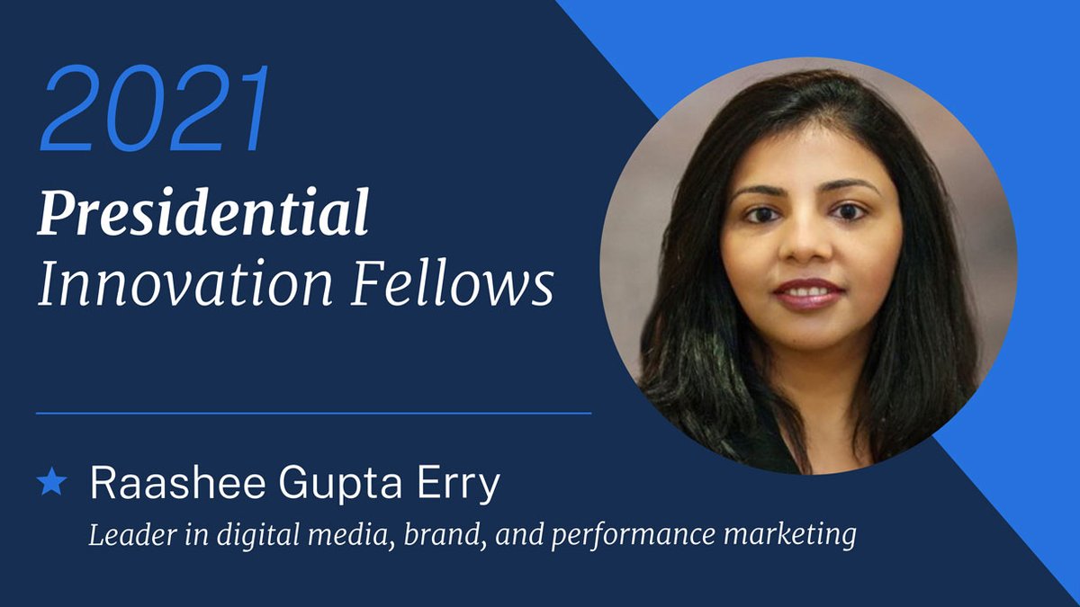 Raashee Gupta Erry brings expertise in digital media, brand & performance marketingShe’ll be joining  @FTC to optimize consumer welfare in rapidly evolving digital advertising ecosystems We’re thrilled she’s joining the  #CivicTech movement!  #PIF2021  https://www.gsa.gov/blog/2020/10/19/passion-and-purpose-meet-the-2021-presidential-innovation-fellows