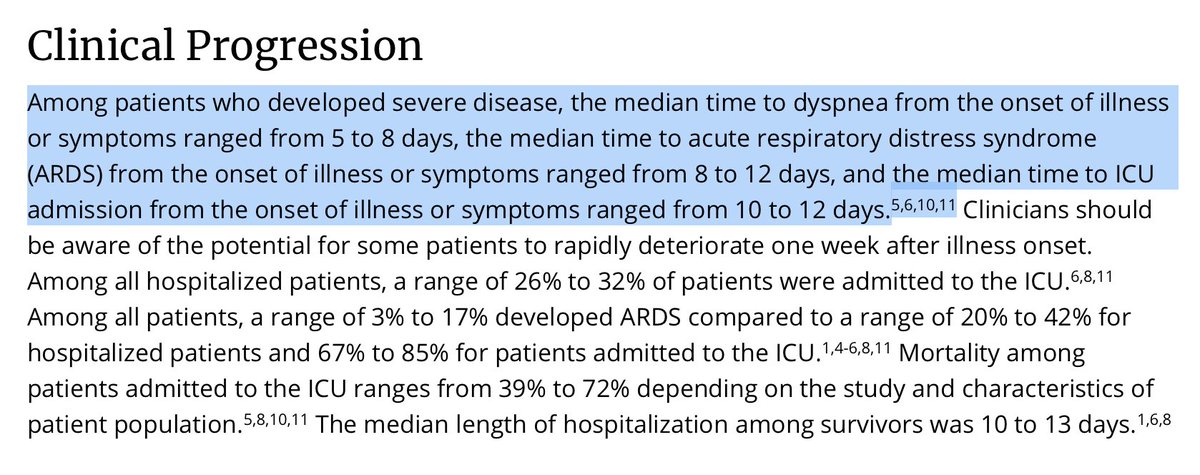 The first thing to note about hospitalization data is that both the numerator and denominator change on a day-to-day basis. Let’s start by looking at the numerator:Most  #COVID19 hospitalizations occur 8 - 12 days after the onset of symptomssrc:  https://www.cdc.gov/coronavirus/2019-ncov/hcp/clinical-guidance-management-patients.html