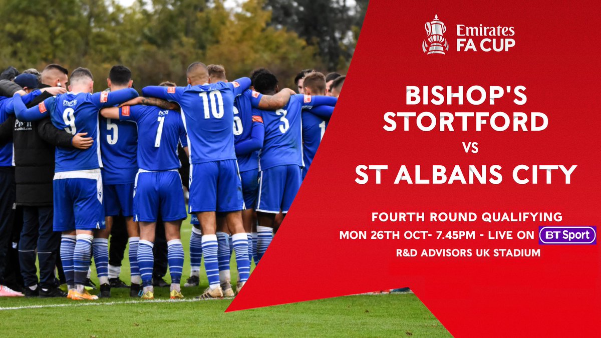 BSFCTheBlues's tweet photo. We are delighted to announce that our @EmiratesFACup  4th Round Qualifying tie with @stalbanscityfc at the R&amp;D Advisors UK Stadium has been selected for live television coverage. 

The match will broadcast live on @btsportfootball on Monday 26th October, kick off 7.45pm. https://t.co/U5cU1c5GtK