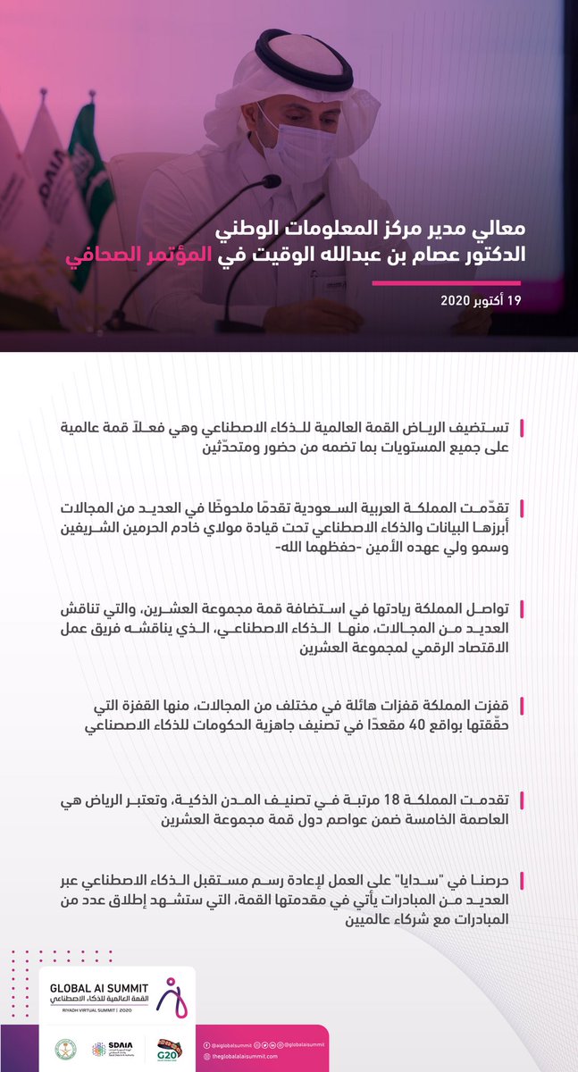 SDAIA_SA's tweet photo. أبرز ما ذكره معالي مدير مركز المعلومات الوطني الدكتور عصام ب�� عبدالله الوقيت في المؤتمر الصحافي للقمة العالمية للذكاء الاصطناعي 

@globalaisummit 

#GlobalAISummit https://t.co/chMYxt1o0J