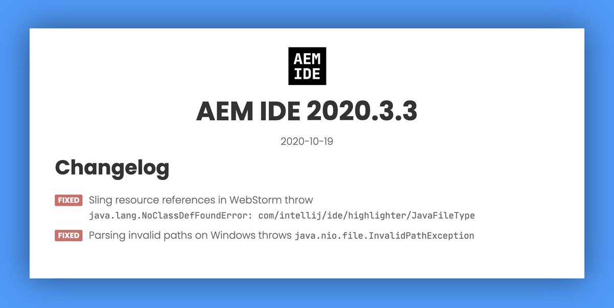 #AEM IDE 2020.3.3 has been released 🎉

Another day, another 2 bugs fixed 🔥🐛🔥🐛🔥

Thanks to those who reported errors 🍻

#adobeexperiencemanager #aemide