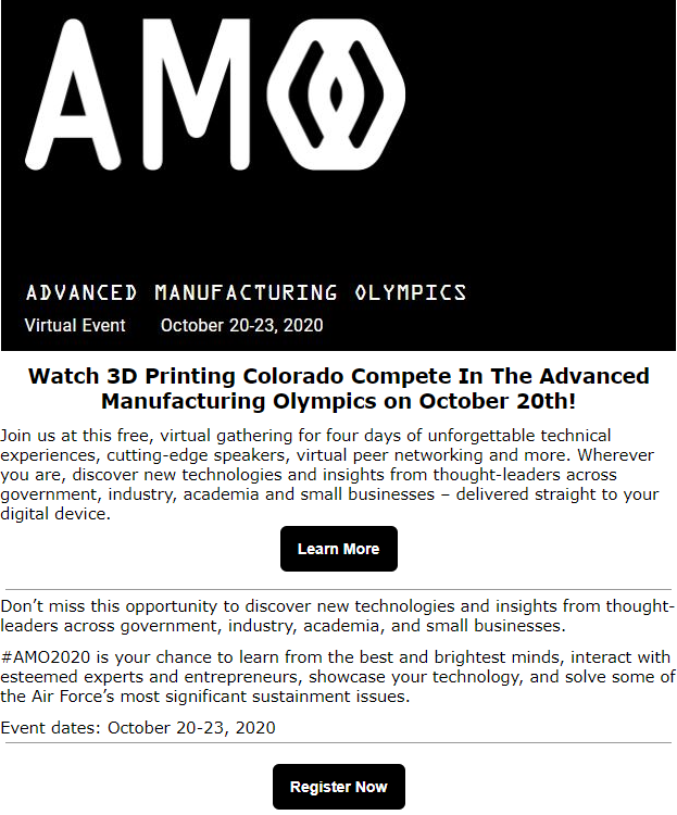 3D_Colorado's tweet photo. Join us at the Advanced Manufacturing Olympics!  
Learn more:  https://t.co/KLdwZ58zK9

#artec #3dscanning #AirForceRSO https://t.co/PloNwG9sOx