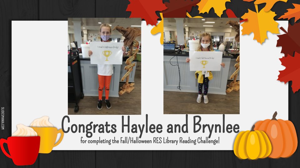 Congratulations to <a href="/RivertonElem/">Riverton Elementary School</a> students Haylee and Brynlee for reading 5 Fall or Halloween themed books this month! Woo hoo! Come visit our <a href="/RivertonLMC/">Riverton Elementary Library Media Center</a> school library this week to participate in our October challenge🍂🎃