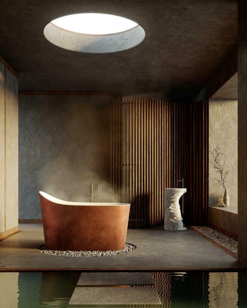 This bathroom created by Massimo Colonna with a Mastello tub by Mario Ferrarini and a washbasin in white carrara marble by Paolo Ulian. [1080x1350]