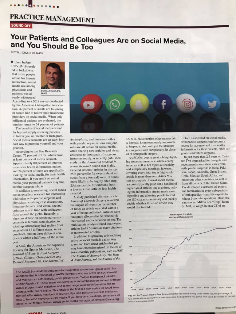 Check out these ortho #socialmedia stars @AAOSmembers with some great info in AAOSNow @djschuett @_NancyMD @jointdocShields with @ChipRoutt mentioned a few times!