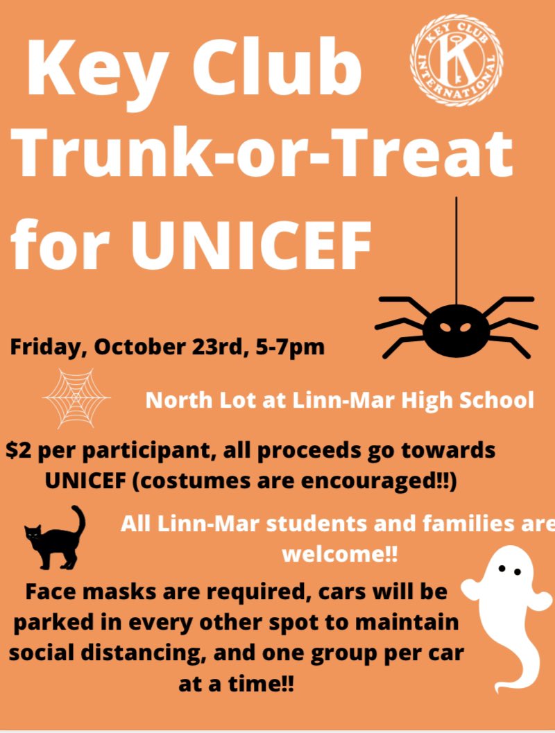 LMHSKeyClub's tweet photo. Join us this Friday from 5-7 for our first ever Trunk-or-Treat for UNICEF event!! All Linn-Mar students are welcome, so be sure to bring siblings and friends!! https://t.co/08EdO9W5fe
