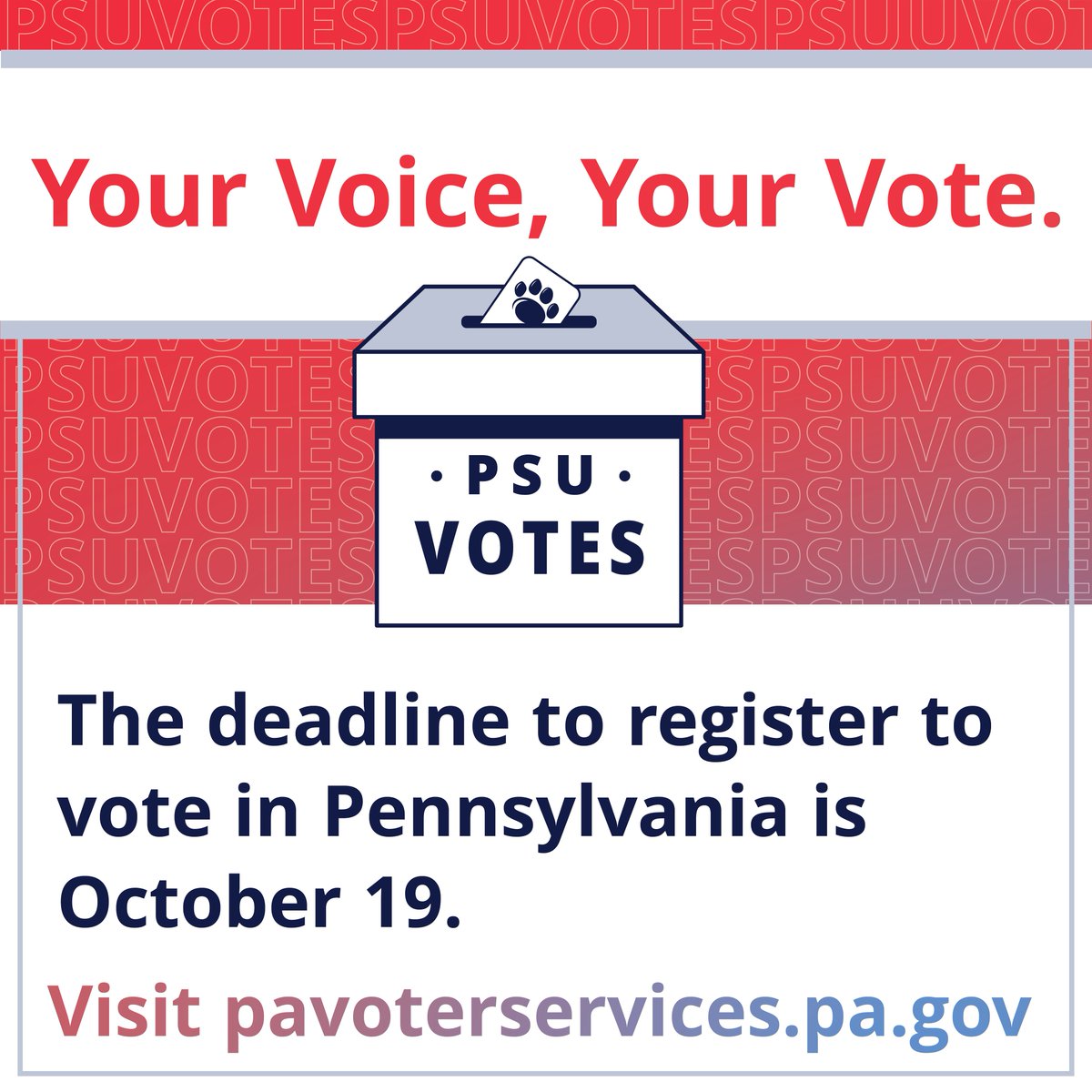 PSNKStudentLife's tweet photo. Today is the deadline to register to vote in the state of Pennsylvania - are you registered yet? Take some time today to register to vote before you miss the deadline! Visit https://t.co/kMBiLaW5pL to register now. #PSUVotes @psnkadmissions https://t.co/UTxIPkkGRi