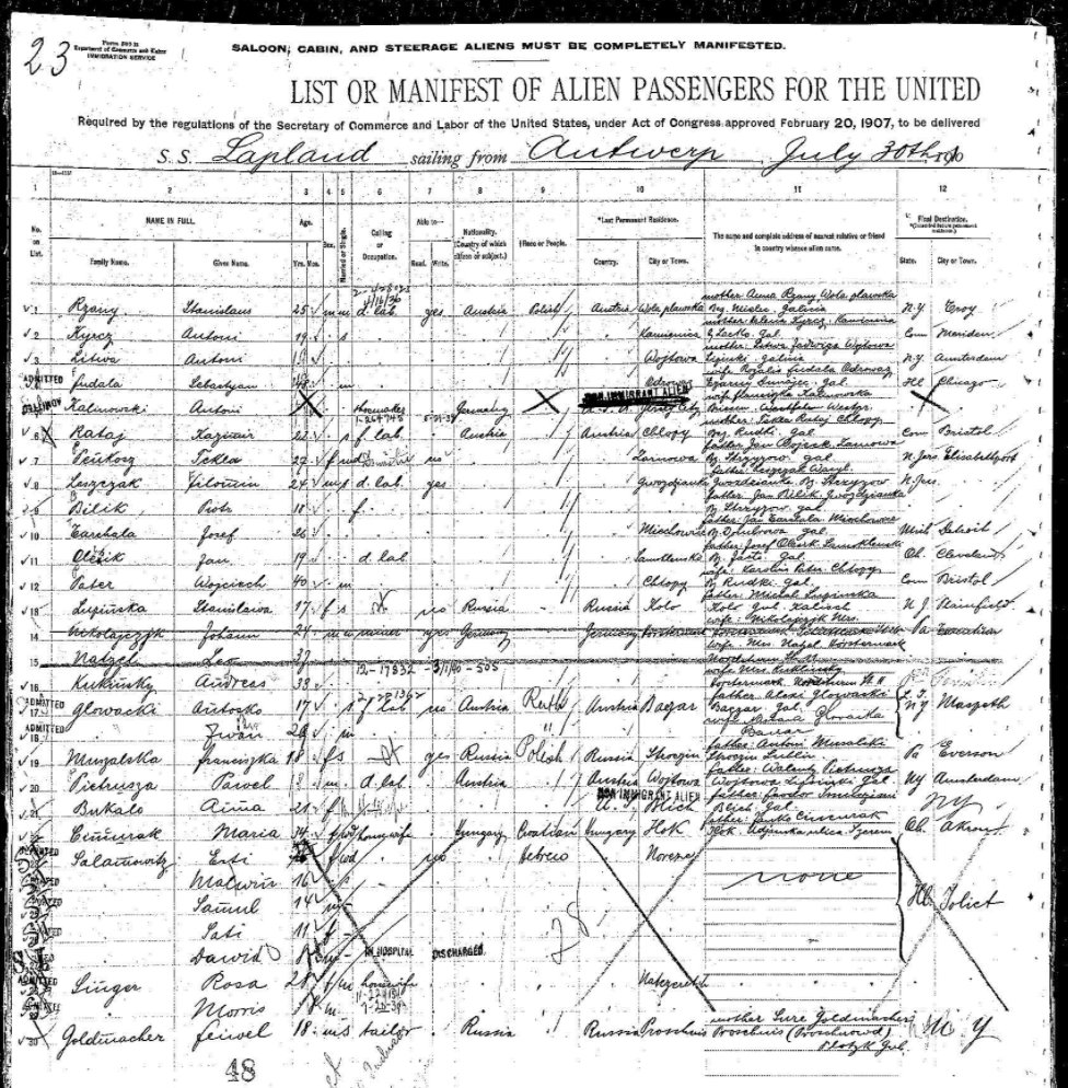 He arrived and was admitted to the United States at Ellis Island on August 8, 1910. One question he was asked at the border was whether he'd ever been convicted of a crime. The Immigration Service Manifest reflects that his answer was no.