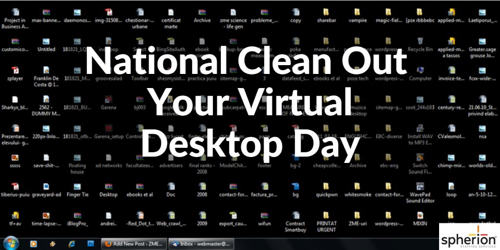 SpherionStAug's tweet image. Y'all if this wasn't the universe telling me something, I tried using a clip of my own desktop but it was too messy and didn't work. Take some time today and organize all those random, old, and unneeded files and get them off your desktop! #NationalCleanOutYourVirtualDesktopDay