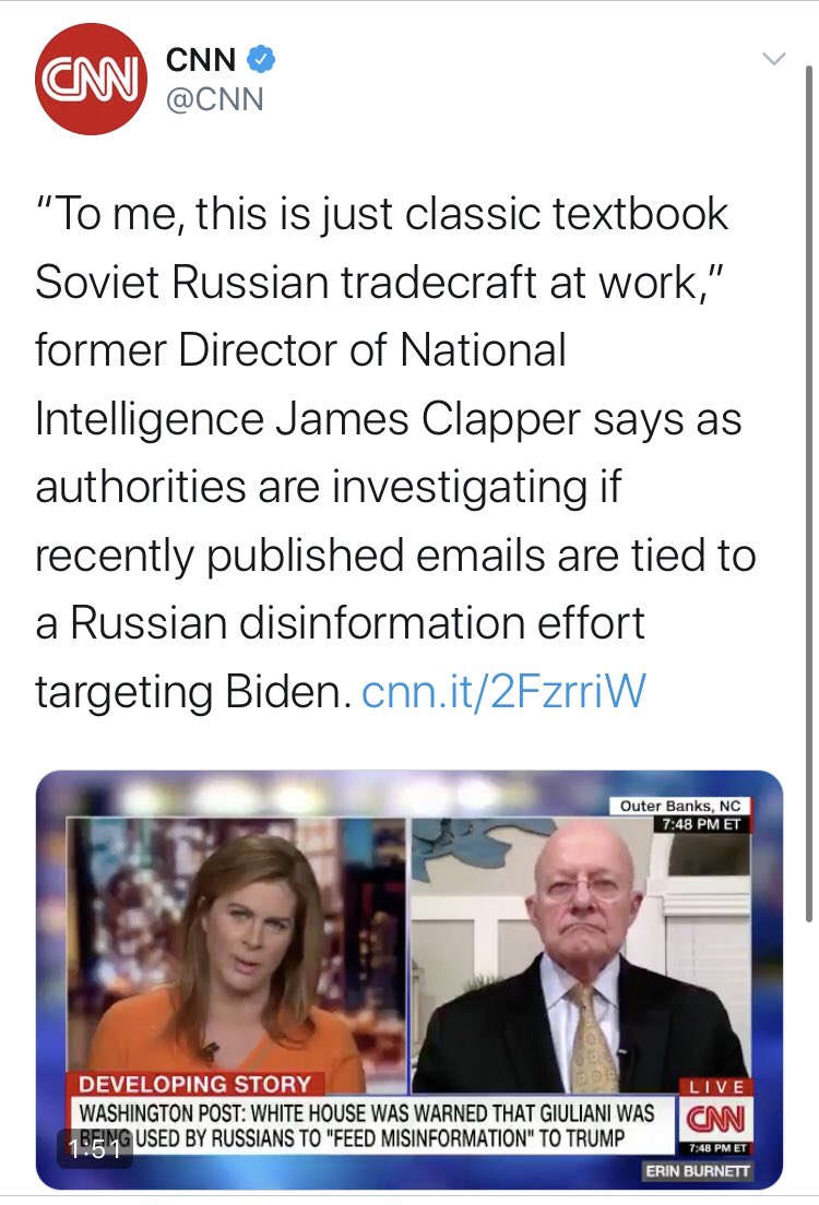 Getting us started is  @CNN, who had chief Russian conspiracist James Clapper on the program to talk about how the Post story was “classic textbook Soviet Russian tradecraft” (his words) and then did an “anatomy” of the “dubious” story.