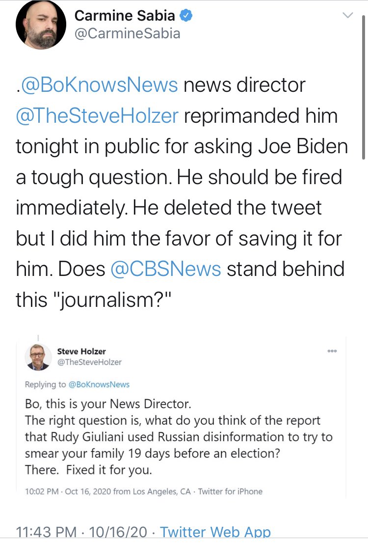 Perhaps the organization that looks the worst in all this is  @CBSNews. One of their reporters,  @BoKnowsNews, dared ask Biden about the allegations and was shot down on twitter by his own news director (and that may not even be the worst of it).