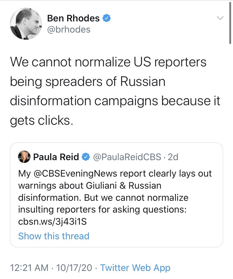 One of the loudest voices in all of this continues to be  @brhodes, which is pretty incredible when you consider that the only reason we know his name is because he duped a media establishment that loved his boss.