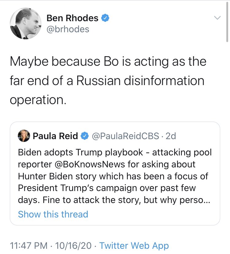 One of the loudest voices in all of this continues to be  @brhodes, which is pretty incredible when you consider that the only reason we know his name is because he duped a media establishment that loved his boss.