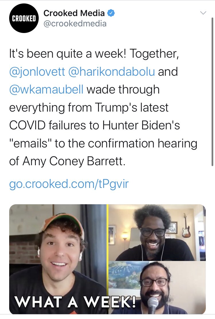 So many hacks, so little time. We’re combining all the  @crookedmedia podcast bros into one tweet to save space. So we’ve got: @jonfavs  @TVietor08  @jonlovett