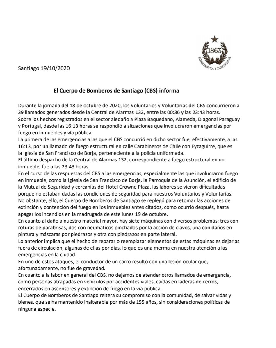 cbsantiago's tweet photo. Ante los hechos del domingo 18 de octubre, el CBS entrega versión sobre las emergencias que atendió.
#BomberosdeSantiago
#ConstanciayDisciplina
#Emergencias https://t.co/TGzlsTZp7J