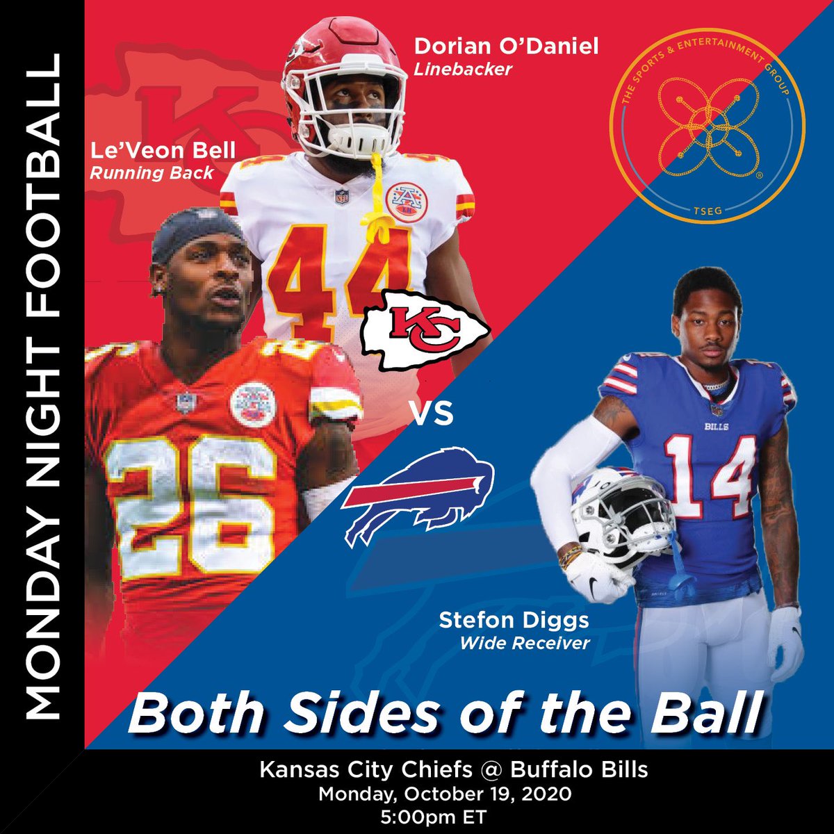 TheSportsEntGrp's tweet photo. WEEK 6: Both sides of the 🏈 #versus #verzuz 💥 @Chiefs #SB54 Champ @Dorian and RB @LeVeonBell VS. @BuffaloBills WR @stefondiggs! #fantasyfootball #nfl #week6 #covid19 #nflpa #MNF #chiefskingdom #BillsMafia #TSEG #leveonbell #dorianodaniel #stefondiggs #bothsides #familyfirst https://t.co/GrsDhzc4xl