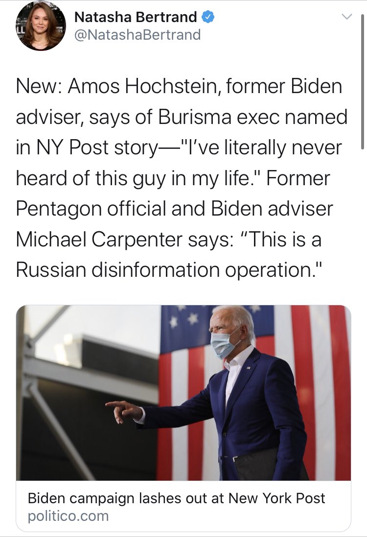  @NatashaBertrand and  @politico thought it would make sense to quote **a Biden adviser** about whether or not the Russian disinformation allegations were legit.Are you kidding me.