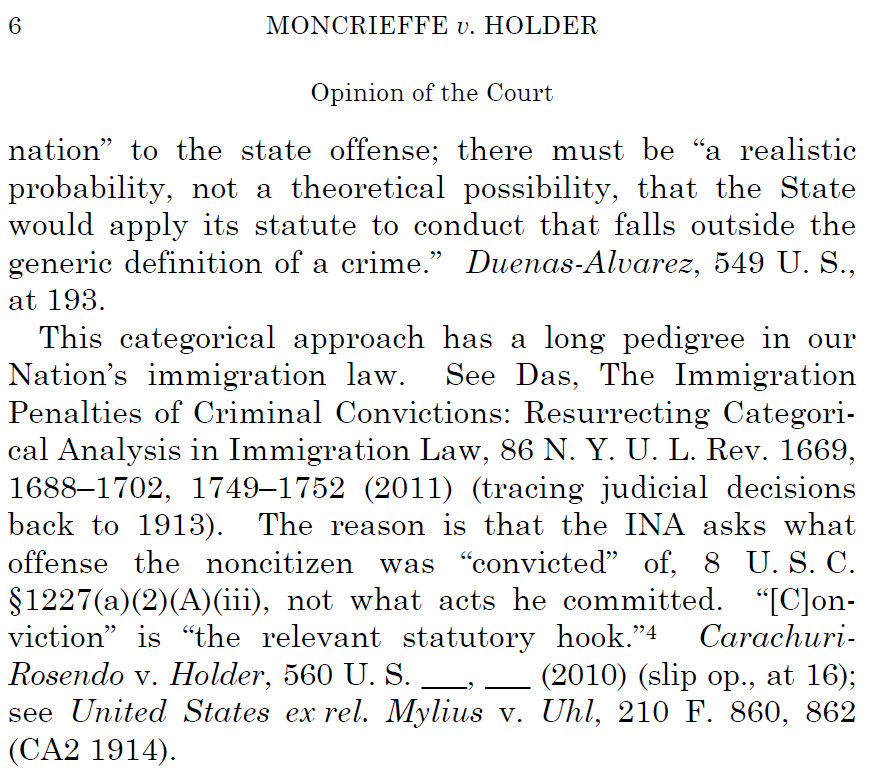 the rule that courts evaluate the immigration consequences of a past conviction not by investigating the details of old offenses, but instead by asking whether the crime "necessarily" (i.e., by its nature) entailed the kind of criminal conduct that U.S. immigration law targeted.
