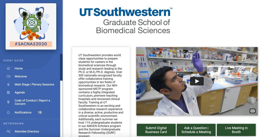 The UT Southwestern is present at the #SACNAS2020 National Conference! Please swing by our virtual both to talk to some of Deans, Faculty, and some of our very own #SACNAS chapter members @sacnas #STEMDiversity #PuertoRicansInSACNAS @UTSWGradSchool